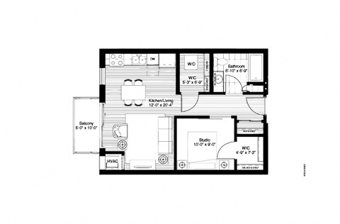 Floor plan for studio, 1 bath, 605 sqft